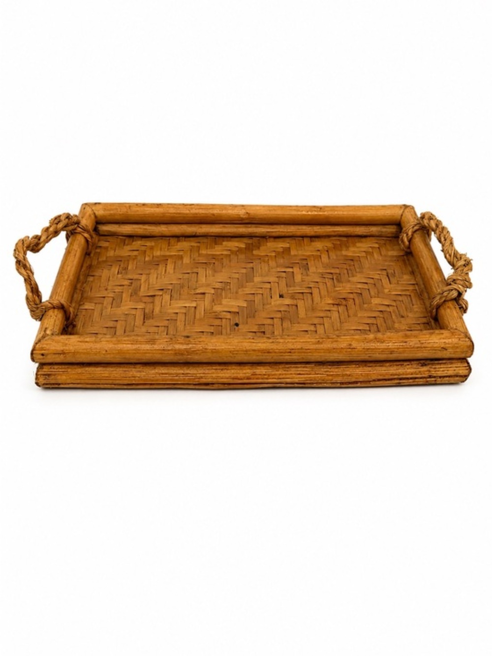 Vintage Bamboo Woven Serving Tray with Rope Handles 💕